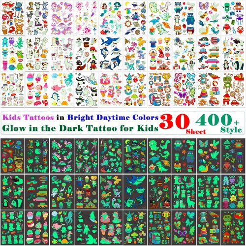 Glow in the Dark Tattoos for Kids 400 Pcs Luminous Kids Tattoos Temporary, Birthday Glow Party Temporary Tattoos for Kids, Glow in the Dark Party Supplies, Gifts for 3 4 5 6 7 Year old Girl or Boy