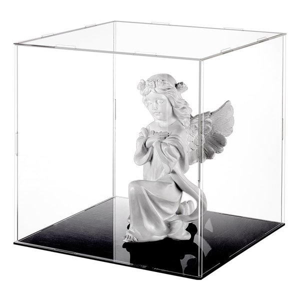 FINGERINSPIRE Clear Acrylic Display Case with Black Base & 4 Pcs Rubber Rings 10x10x10 Inch Cube Clear Self-Assembly Acrylic Box Dustproof Protection Showcase for Action Figures Collectibles Toys
