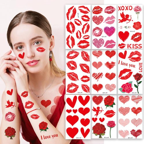 100pcs Valentine's Day Temporary Tattoo Sticker Sexy Lips Tattoo Stickers Decal Romantic Lips Rose Heart Angel Designs Stickers for Valentine's Day
