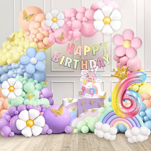 Slmeno Pastel Balloons 219Pcs Daisy Balloon Garland Kit, 18 10 5 Inch Pastel Rainbow Balloons Arch, Birthday Decorations for Girls, Number 6 Balloons Daisy Balloons for Birthday Party Decorations
