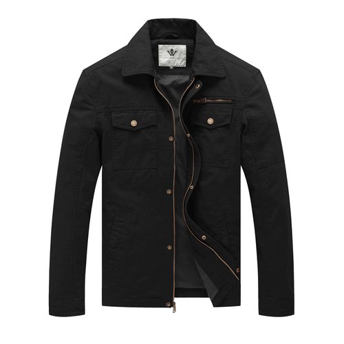 WenVen Men's Fashion Casual Cotton Canvas Military Jacket (Black, L)