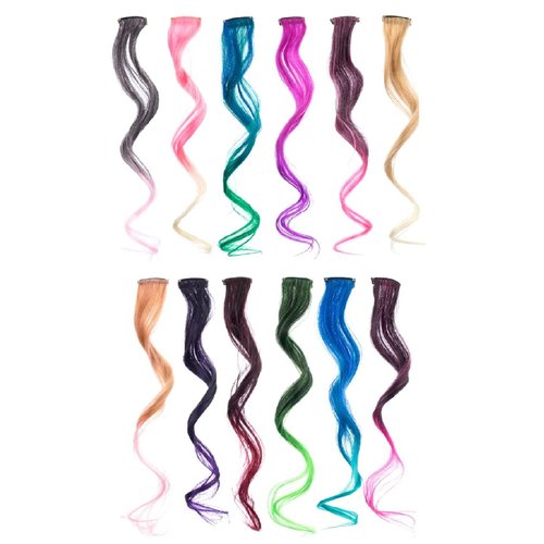 SWACC 12 Pcs Curly Wavy One Color Party Highlights Clip on in Hair Extensions Colored Hair Streak Synthetic Hairpieces (Ombre 12 Colors)