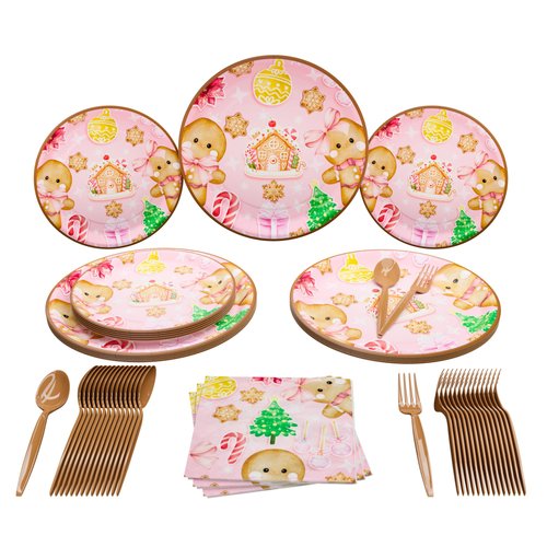 Gingerbread Party Standard Pack (100 Pieces for16 Guests) - Gingerbread Party Supplies, Christmas Party Supplies, Holiday Paper Plates,Gingerbread Gender Reveal, Christmas Plates and Napkins