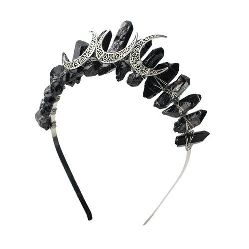 Poememgi Black Natural Crystal Tiara Headband, Quartz Rhinestone Crown Goddess Halloween Masquerade Party Headwear for Women Girls