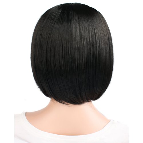 MapofBeauty 12" / 30cm Popular Natural Short Straight Wigs Flat Bangs Wigs-Black-Ladies