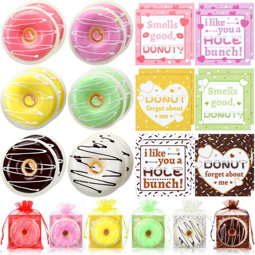 Shappy 12 Sets Valentine Donut Squeeze Toys Include Scented Fake Donut Stress Relief Ball Valentine's Day Cards Colorful Bags for Party Favors Shop Decoration Shooting Props Prize Exchange Gifts