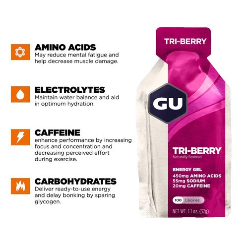 GU Energy Original Sports Nutrition Energy Gel, Vegan, Gluten-Free, Kosher, and Dairy-Free On-the-Go Energy for Any Workout, 24-Count, Tri-Berry