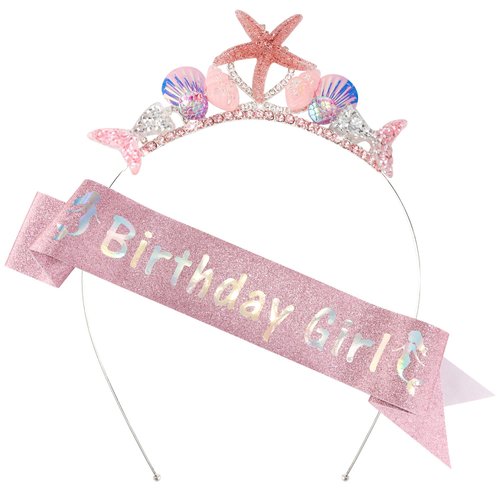 SuPoo Crown and Sash, Mermaid Tail Birthday Tiara, Princess Tiara, Seashell Birthday Girl Crown, Little Mermaid Party Decorations Outfits Hair Accessories
