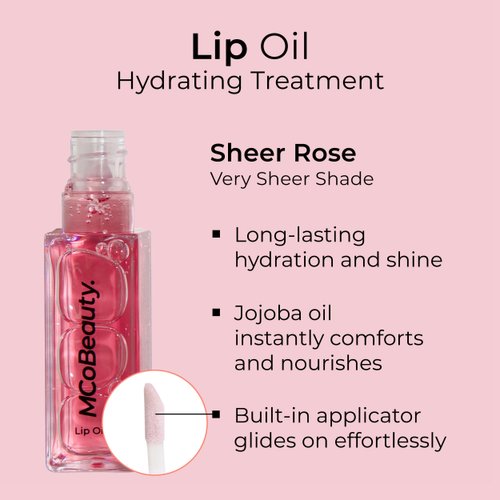 MCoBeauty Lip Oil Hydrating Treatment, Sheer Rose, Moisturizing Shine for Naturally Beautiful Lips, Vegan, Cruelty Free Cosmetics