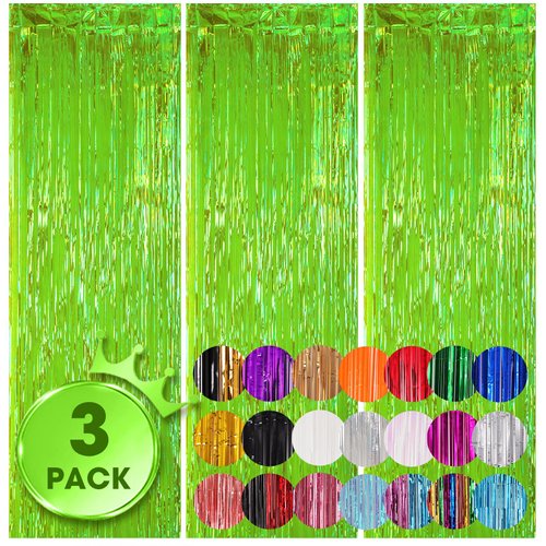 Voircoloria 3 Pack 3.3x8.2 Feet Neon Green Foil Fringe Backdrop Curtains, Tinsel Streamers Birthday Party Decorations, Fringe Backdrop for Graduation, Baby Shower, Gender Reveal, Disco Party