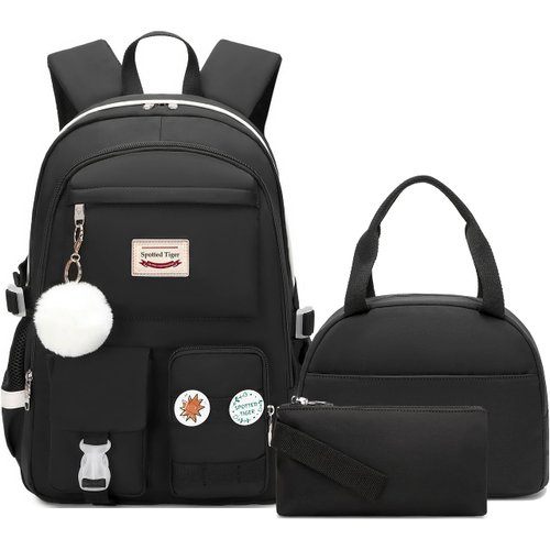 Spotted Tiger School Backpack for Girls Backpack with Lunch Box Anime Bookbag School Bag Kawaii Backpack Set for Teen Girls (Black)