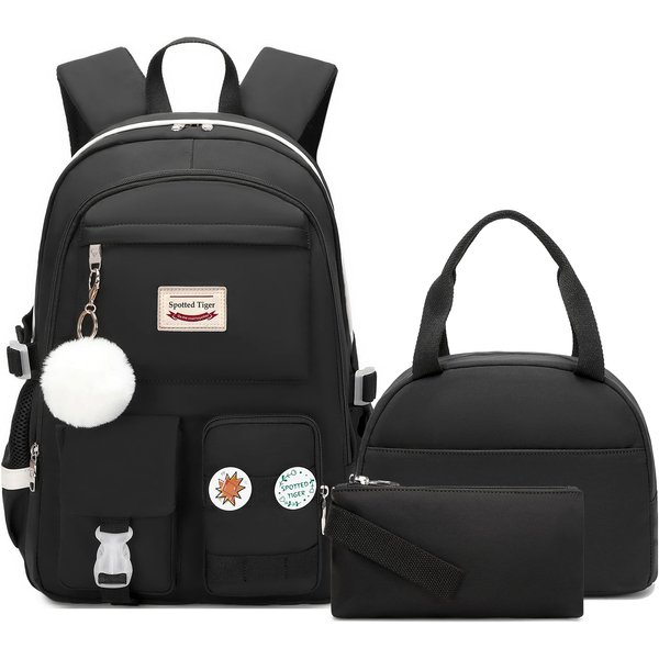 Spotted Tiger School Backpack for Girls Backpack with Lunch Box Anime Bookbag School Bag Kawaii Backpack Set for Teen Girls (Black)