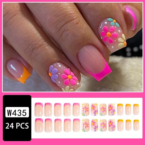 Square French Tip Press on Nails Short Fake Nails Nude Pink with Flower False Nails Design Summer acrylic Glue on Nails Pink Artificial Nails on Nails for Women Girls DIY Decoration 24pcs