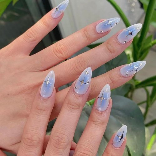 MERVF Almond Press on Nails Medium Fake Nails Blue Gradient Stiletto Acrylic Nails Press ons with Star Rhinestones Design Glue on Nails Glossy False Nails 24pcs
