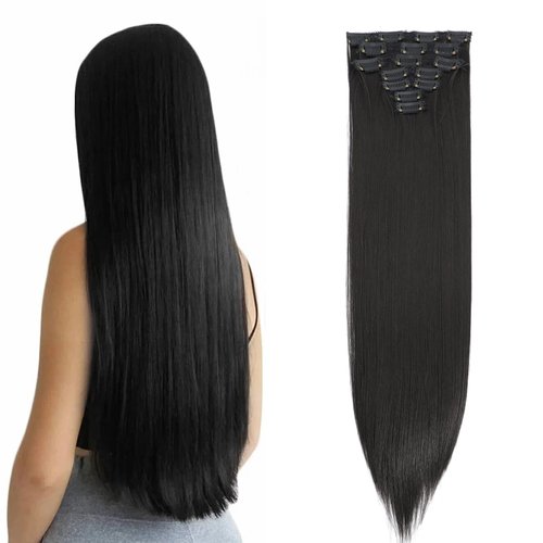 DMStarcky Straight Clip In Hair Extensions 24 Inches for Black Women, 7 Pieces/Set Hairpieces Heat Resistant Synthetic Fiber Double Weft Hair Extensions Natural Black Color
