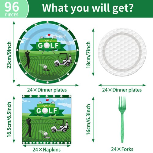 EUOYUFO Golf Plates and Napkins Party Supplies - 96Pcs Golf Themed Birthday Party Decorations Sports Golf Paper Disposable Tableware Set Serve 24 Guests
