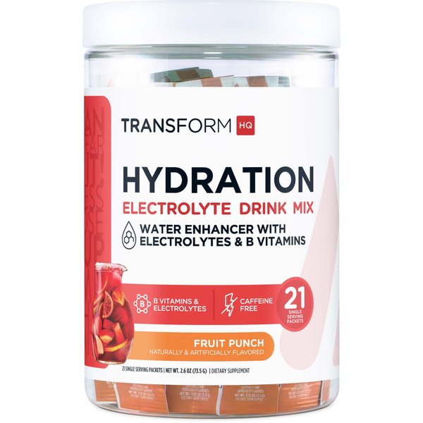 TransformHQ Hydration Drink Mix (21 Single-Serving Packets, Fruit Punch) - Hydration Supplement Blend with Vitamins and Electrolytes
