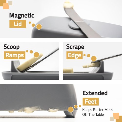 Butter Hub Butter Dish with Lid and Knife, Magnetic Butter Keeper, Easy Scoop, No Mess Lid, Plastic, Dishwasher Safe (White)