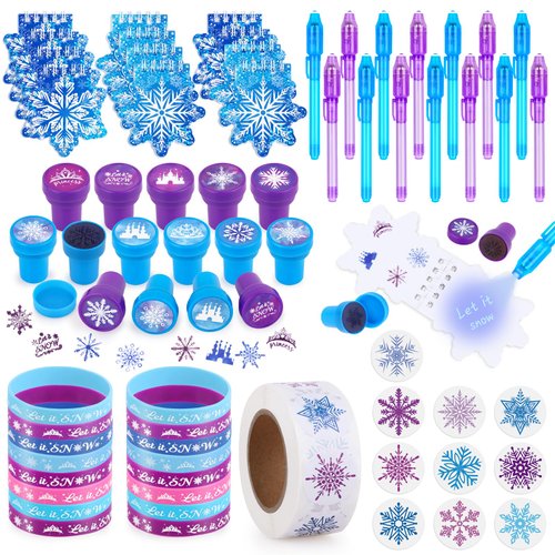 Frozen Party Favors Birthday Supplies Winter Wonderland Party Favors with Invisible pens, notepads, silicone bracelets, stamps Snowflake Sticker for Girls Kids Frozen Birthday Party Decor Goodie Bags