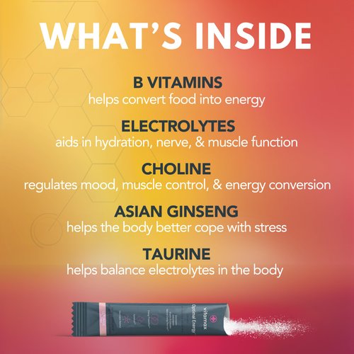 Vitamax Health Optimal Energy - Lemonade - Sugar Free Hydration Recovery Powder Stick Packs | B Vitamin Complex Electrolyte Drink Mix | Easy Open Single-Serving | Non-GMO | 30 Servings