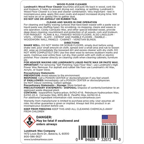 Lundmark Wood Floor Cleaner, for Paste Wax Finish Floors with Carnauba Wax, 32-Ounce, 3207F32-6
