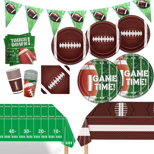 Football Party Supplies Kit for 24,9 inch Plates, Rugby Dessert Plates, Touchdown Napkins, Cups,Banner,Yard Line Tablecloth for Football Birthday Party Gameday Tailgate Super Party Decorations