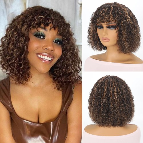 Wosama Highlight bob Wig Human Hair With Bangs 4/27 Wear And Go Glueless Bob Wigs Human Hair None Lace bob Front Wigs Human Hair For Black Women 12inch