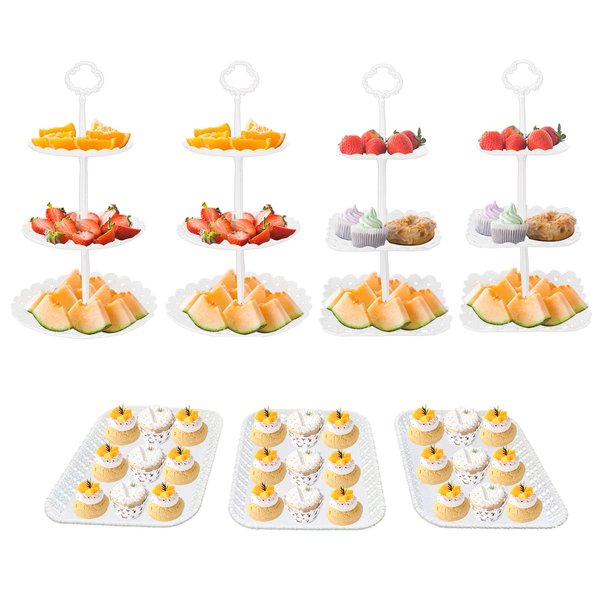 FEOOWV 3-Tier Round +Square Cake Stand Party Food Server Display Stand with Rectangle Plastic Serving Trays for Wedding Birthday Party (Set of 7pcs)