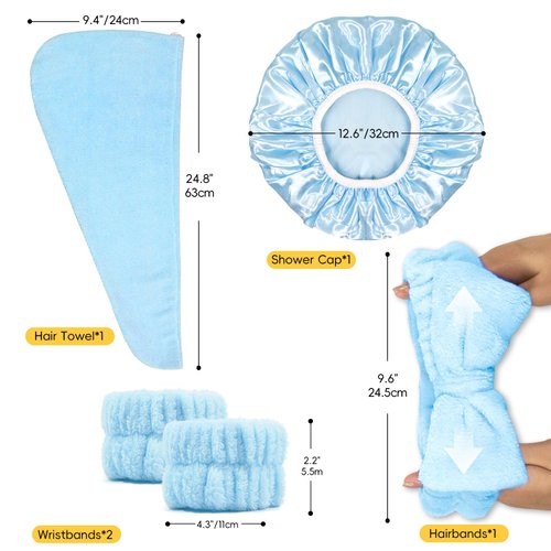 my novel things Hair towel wrap for women, Shower cap reusable waterproof, Shower cap and Hair Towel set, Come with a spa headband and wristbands Soft and Breathable for Long Thick Hair-Blue