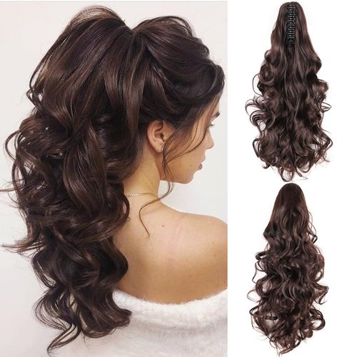 MAYSA Long Ponytail Extension,20in Claw Clip in Ponytail Extension, Wavy Curly Claw Clip in Ponytail Hair Extensionsn, Synthetic Fake Ponytail Hairpiece for Women #4Medium Brown