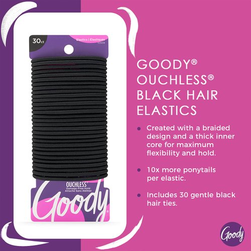 Goody Ouchless Elastic Hair Ties - 30 Ct, Black, 4MM Rubber Bands for Hair, Pain-Free Hair Accessories for Women & Men, Made for Long-Lasting Braids, Ponytails & More, All Hair Types
