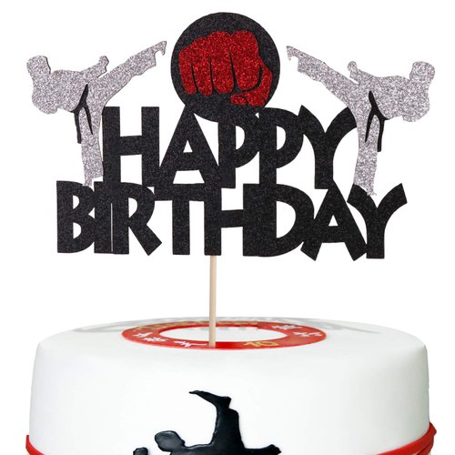 Anxdh karate cake top hat, taekwondo theme cake top hat, karate happy birthday party supplies sparkling black decoration