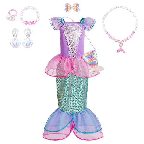 TPMG Little Mermaid Princess Dress up Clothes for Girls Kids Toddler Birthday Outfits with Tails Bag Necklace Set, 7Y-8Y