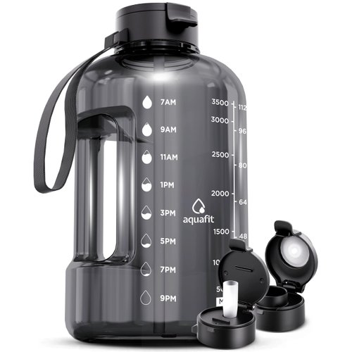 AQUAFIT 1 Gallon Water Bottle with Time Marker - Straw & Chug Lid - BPA Free Big Water Bottle with Straw - Gym Water Bottle with Handle - Gallon Water Jug (128 oz, Gray)
