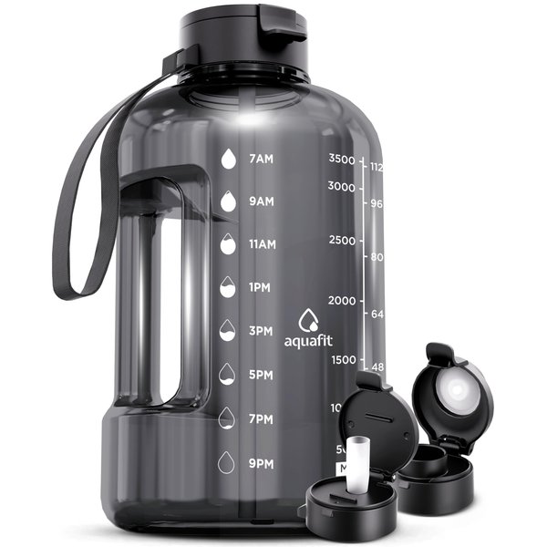 AQUAFIT 1 Gallon Water Bottle with Time Marker - Straw & Chug Lid - BPA Free Big Water Bottle with Straw - Gym Water Bottle with Handle - Gallon Water Jug (128 oz, Gray)