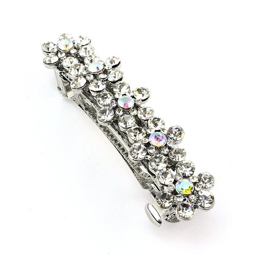 Women&#39;s Rhinestone Flower Hair Barrette Clip Hair Pin Antique Silver IMB2093, Clear