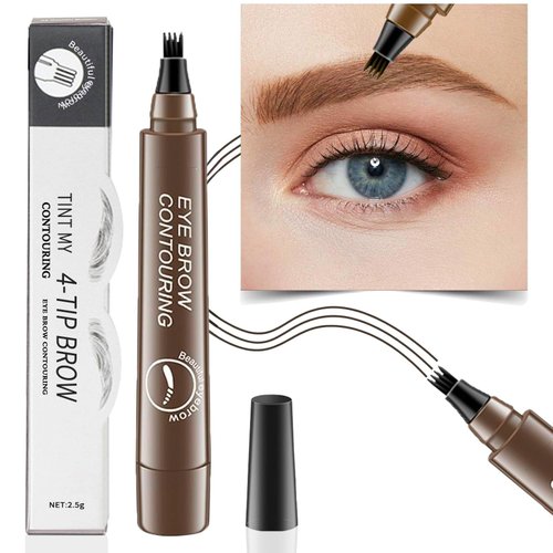 Eyebrow Pen, PreciRise Microblading Eyebrow Pencil with a 4 Micro-Fork Tip and One“8 x 6'' IN Double Sides Practice Skin for Natural Looking Hair-Like Defined Brows, Stays on All Day, Brown