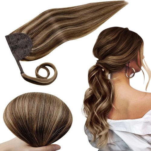 RUNATURE Brown Ponytail Human Hair Extensions Short Real Hair Ponytail Extension 14 Inch Walnut Brown Highlight Dark Blonde Straight Ponytail Hair Extensions Natural Hair with Magic Paste 70g