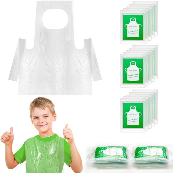 Bazen 100 Pieces Disposable Aprons for Kids Plastic Aprons Clear kids Apron Toddler Apron Art Apron Disposable Children Apron Disposable Smocks for Painting Cooking Eating Teaching Picnic DIY Craft