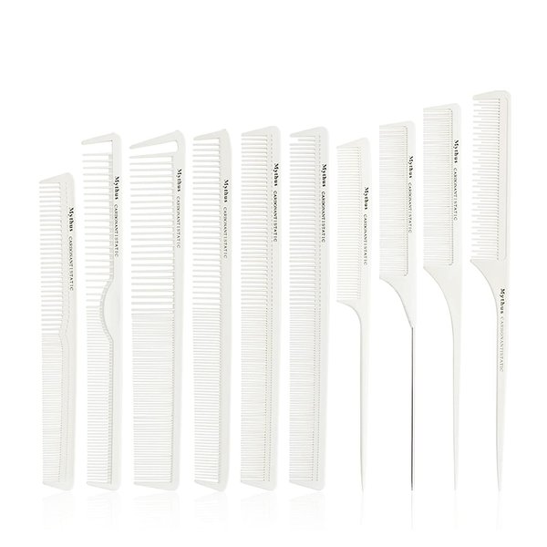 CestoMen 10 Pieces Carbon Hair Styling Comb Set: Professional Fine and Wide Tooth Comb Rat Tail Combs Anti Static Heat Resistant Hairdressing Comb for All Hair Types (White)
