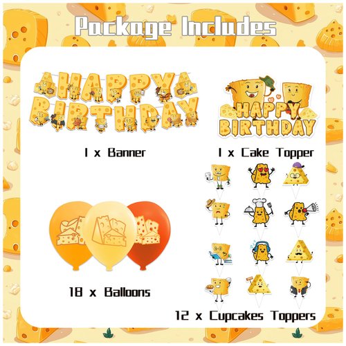 Cheese Party Supplies Cartoon Cheese Birthday Party Decorations Includes Cheese Happy Birthday Banner Cake Topper Cupcake Toppers Balloons for Cheese Birthday Party Baby Shower Decorations