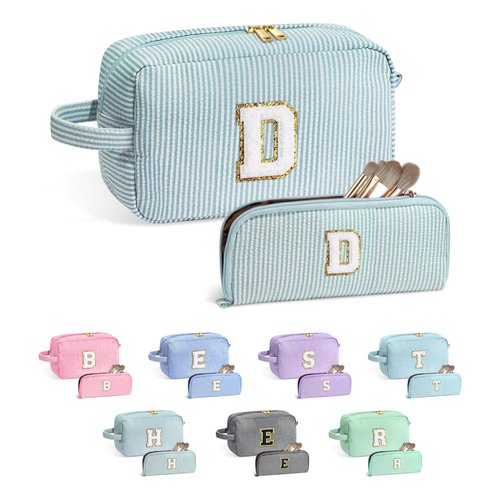 YOOLIFE Cosmetic Case, Green Personalized Initial Makeup Bag for Women, Monogram Cute Make Up Bag, Travel Toiletry Pouch Case, Best Friend Gift, 2PCS