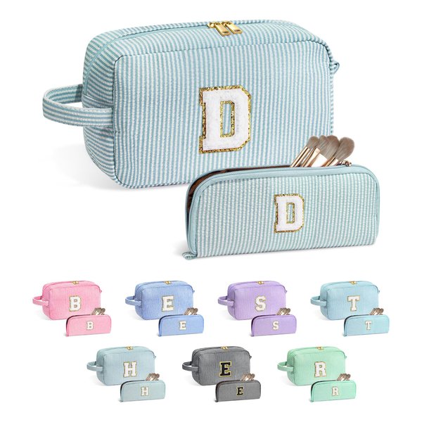 YOOLIFE Cosmetic Case, Green Personalized Initial Makeup Bag for Women, Monogram Cute Make Up Bag, Travel Toiletry Pouch Case, Best Friend Gift, 2PCS