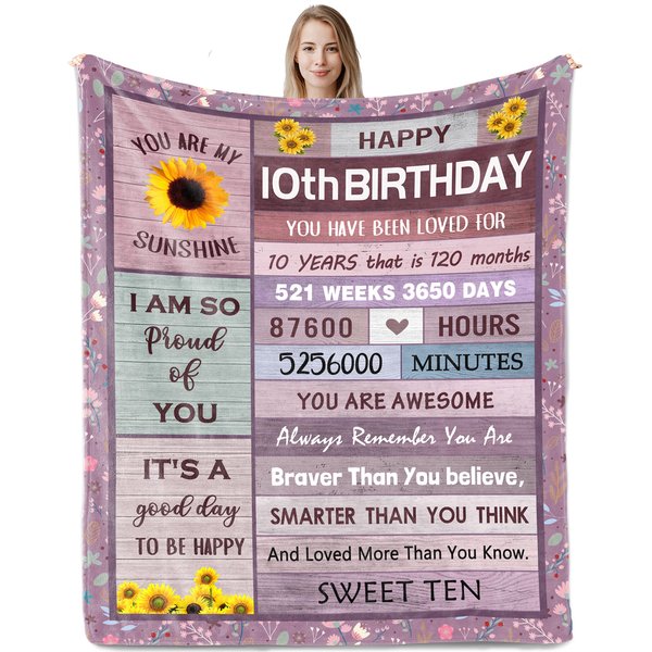 Nuritus Gifts for 10 Year Old Girl, 10 Year Old Girl Gift Ideas, 10th Birthday Decorations for Girl Boys, 10th Birthday Gifts for Girls, Best 10 Year Old Girl Birthday Gifts Blanket 50"x60"