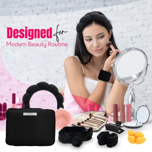 All-in-One Makeup Set for Travel & Home – 10-Piece Brush Set, LED Mirror, Cleaning Bowl, Sponges, Bubble & Spa Headbands, Wristbands, Hair Clip & Black Makeup Bag