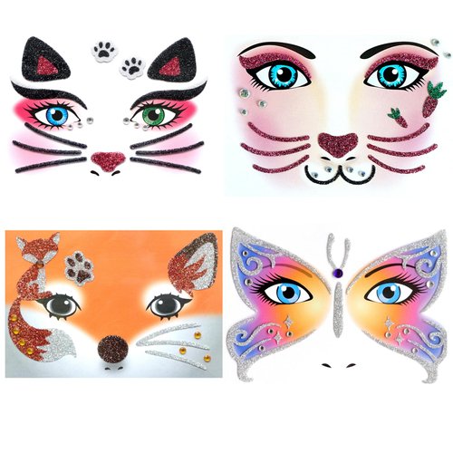 Nirbffo Animal Face Sticker Cat Rabbit Butterfly Fox Floral Festival Body Paint Decoration Stickers for Halloween Stage Performance Face Stickers 4sheets