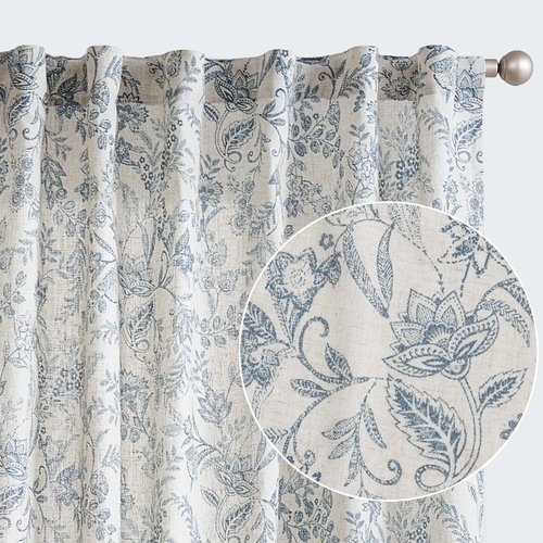Vangao Blue Floral Linen Curtains for Living Room 84 Inches Long Farmhouse Curtains for Bedroom Vintage Print on Beige Light Filtering Window Drapes Back Tab Rod Pocket 2 Panels