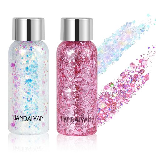 Body Glitter Gel Pack of 2 Bottle, Long Lasting Holographic Face Glitter Gel for Hair, Body, Nail, Waterproof 9 Color Liquid Glitter Body Makeup fo Women (#3 Pink & #9 White)