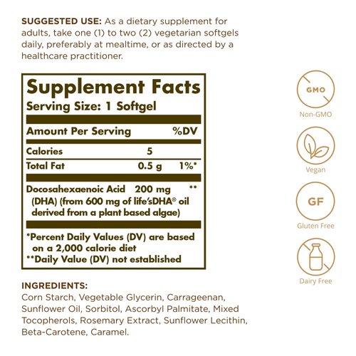 Solgar Vegetarian DHA 200 mg - 50 Vegetarian Softgels - Naturally Sourced Omega-3 - Vegan, Gluten Free, Dairy Free - 50 Servings