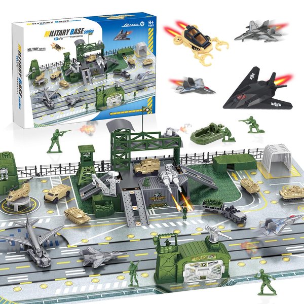 CORPER TOYS Military Base Set with Army Tank,Airplane,Fighter Jet,Mini Army Men Action Figures,Play Map with Vehicles Accessories Army Toys Playset for Kids Gift for Birthday